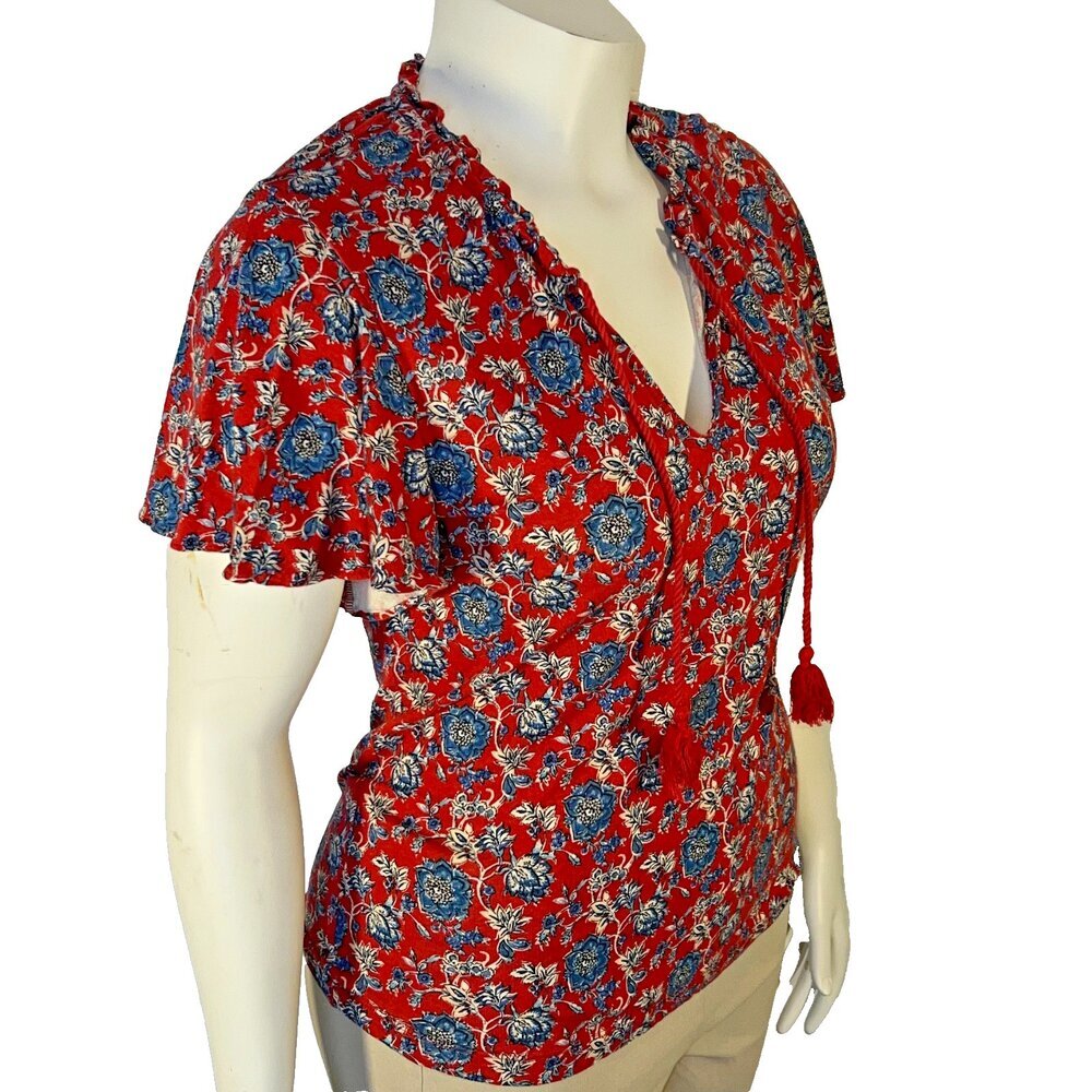 Lauren Ralph Lauren Peasant Blouse Womens L Red Blue Floral Chintz Ruffle Neck - Picture 3 of 10